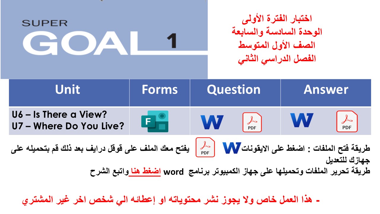 اختبار الفترة الأولى منهج Super Goal 1 الوحدتين السادسة والسابعة -الفصل الدراسي الثاني الصف الأول متوسط